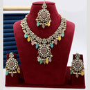 India Art Designer Kundan Necklace Set with Matching Earrings and Maangtikka for Ethnic Outfits