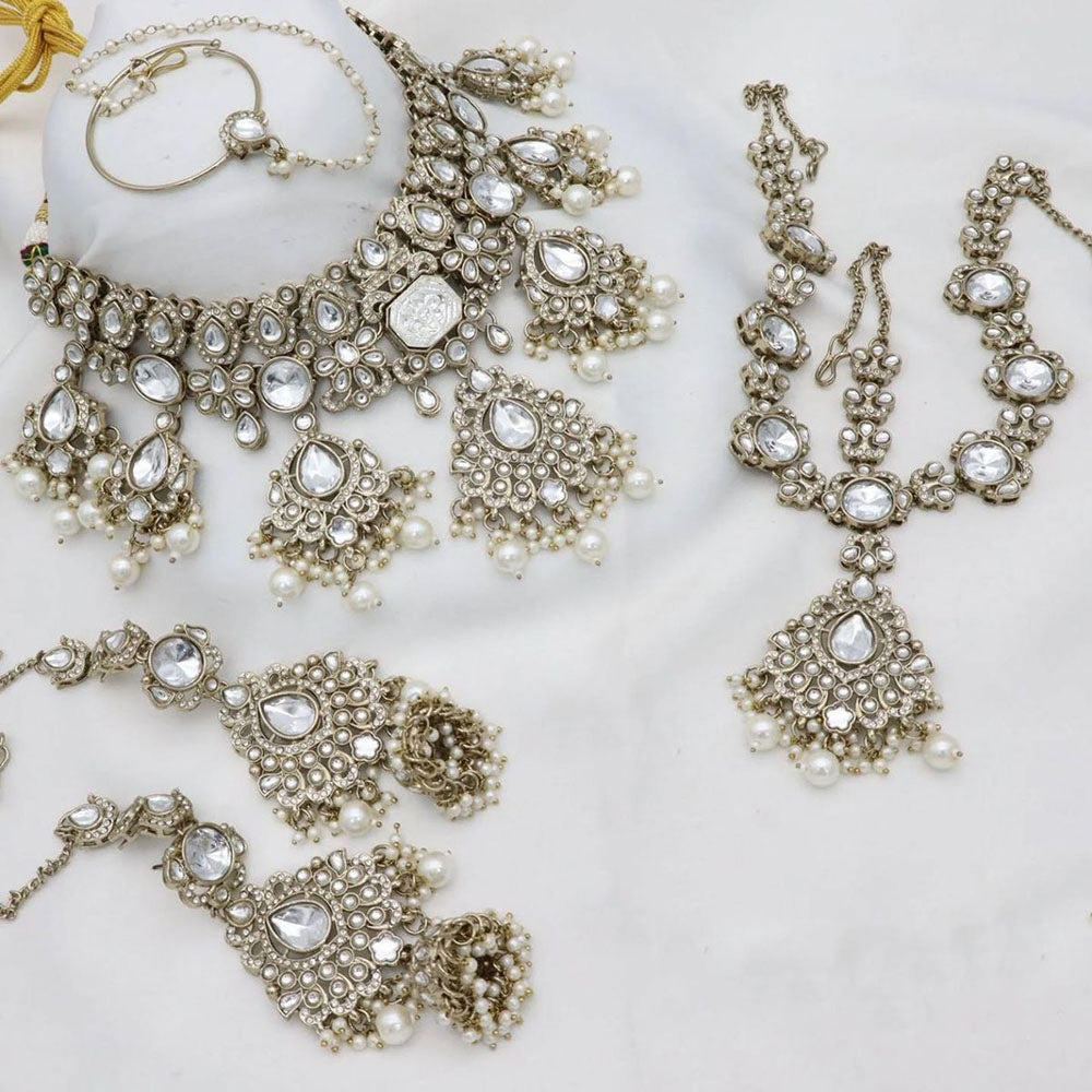 India Art Royal  Pearl Kundan Stone Pearl And Beads Semi Bridal Necklace Set