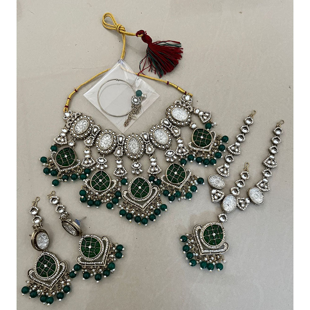 India Art Royal  Pearl Kundan Stone Pearl And Beads Semi Bridal Necklace Set