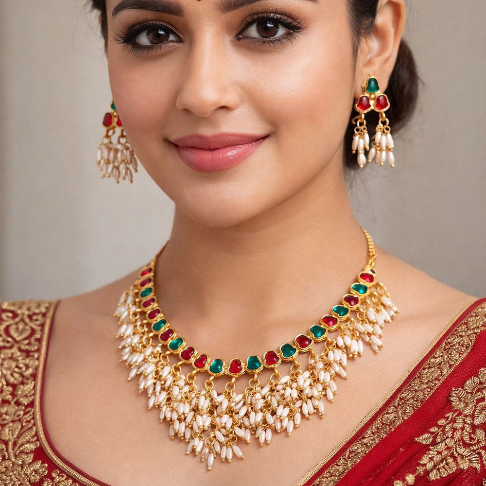 India Art Premium  Pota Stone And Pearl Necklace Set