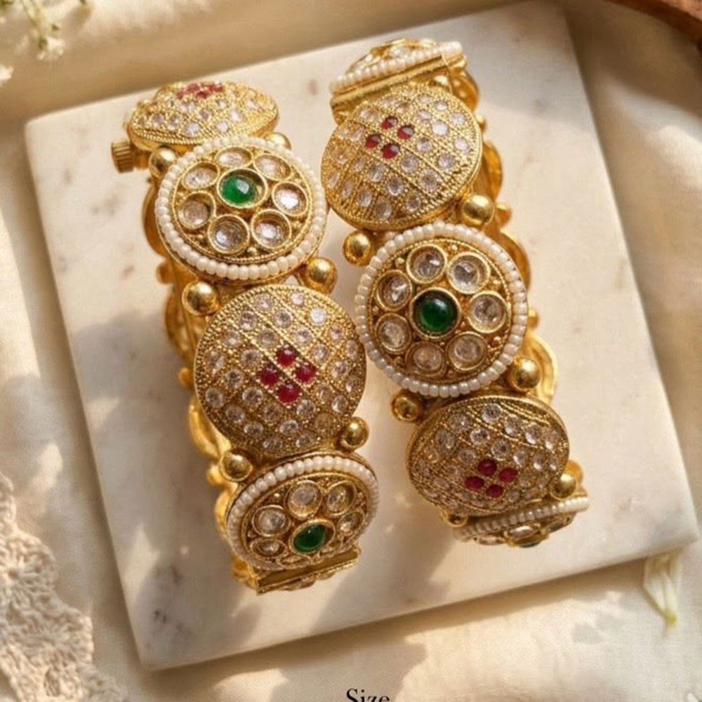 India Art Royal Gold Plated Pota Stone And Pearl Openable Bangles Set