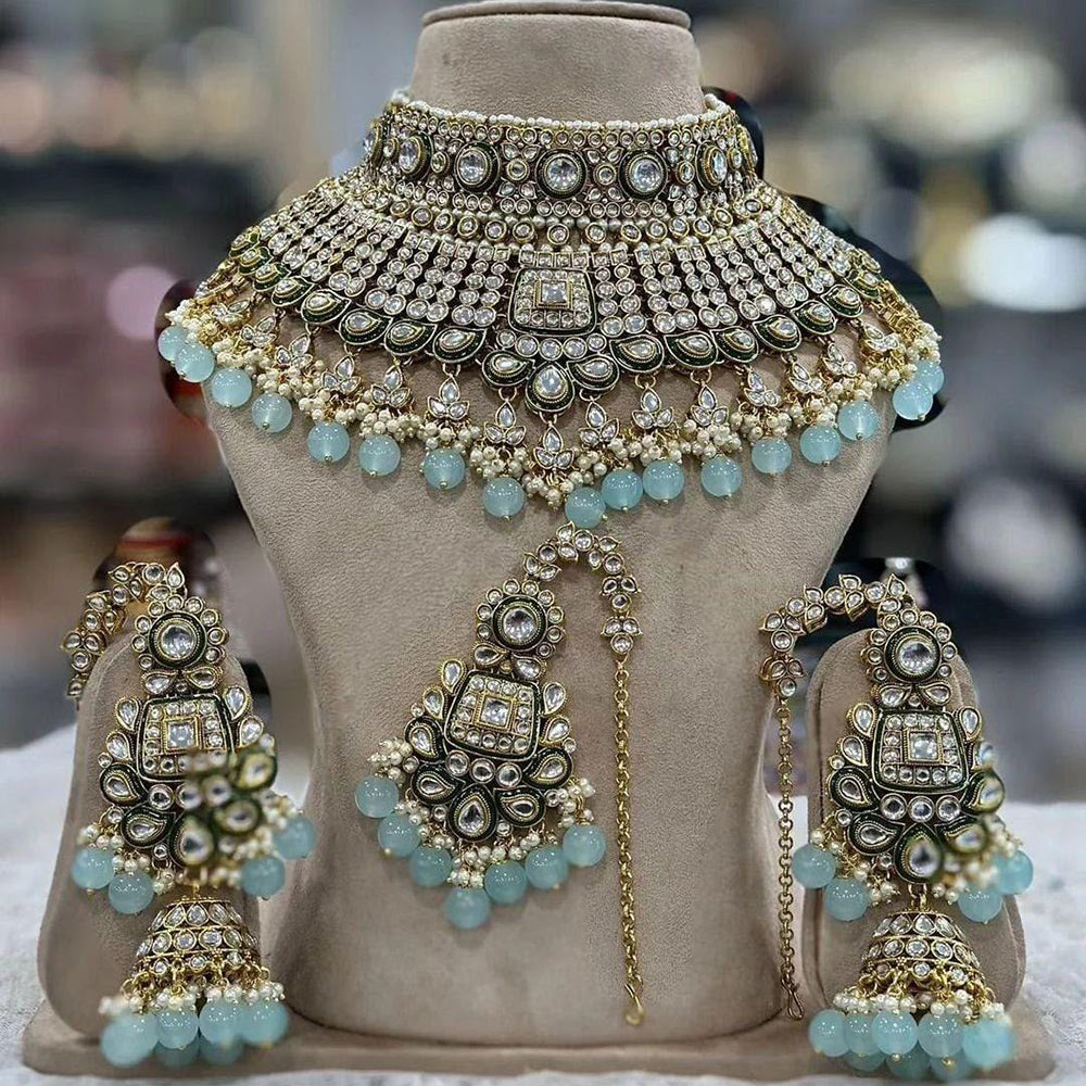India Art Classic Kundan Stone And Pearl Meenakari Choker Necklace Set for Women