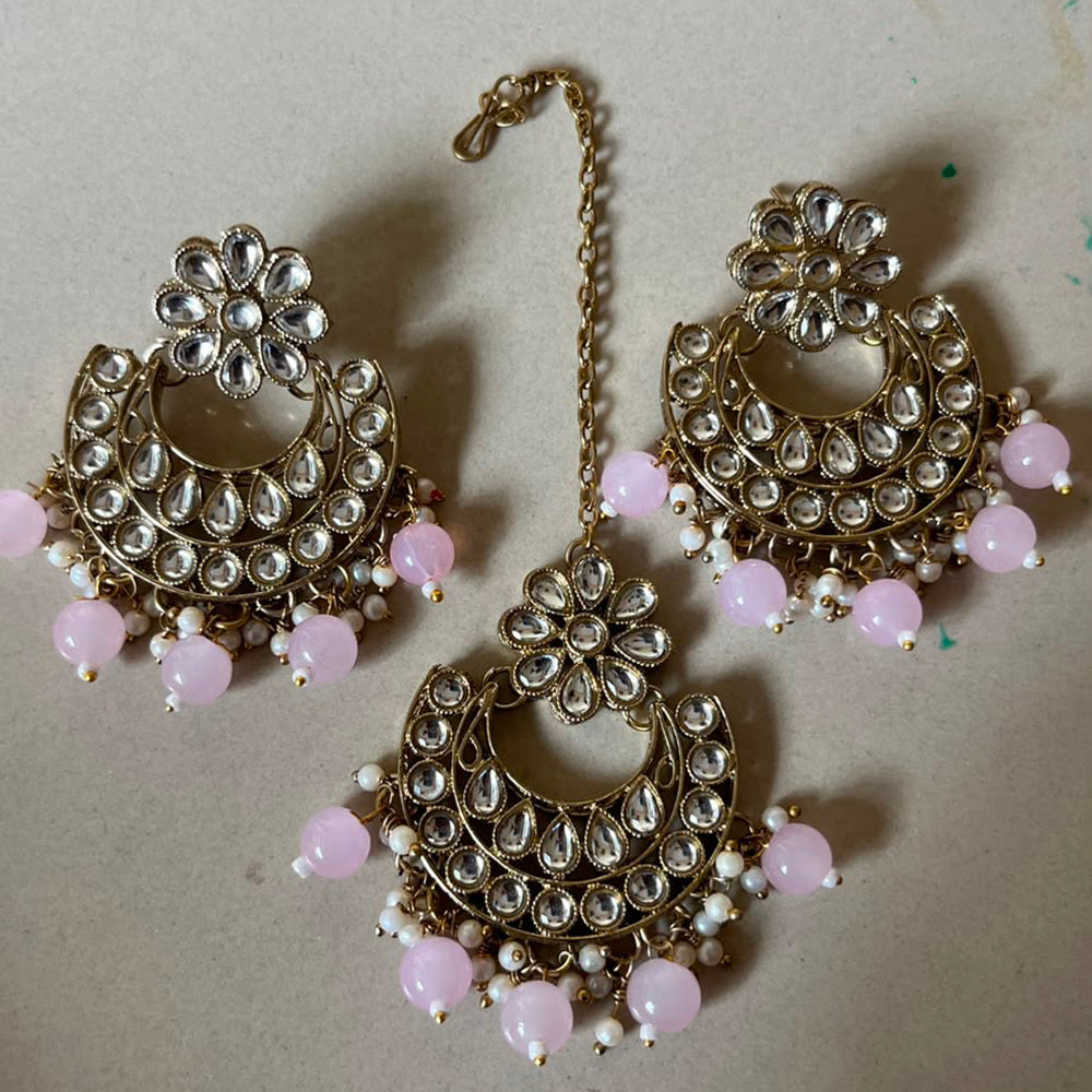 India Art Elegant Kundan Stone And Beads Dangler Earrings With Waangtikka