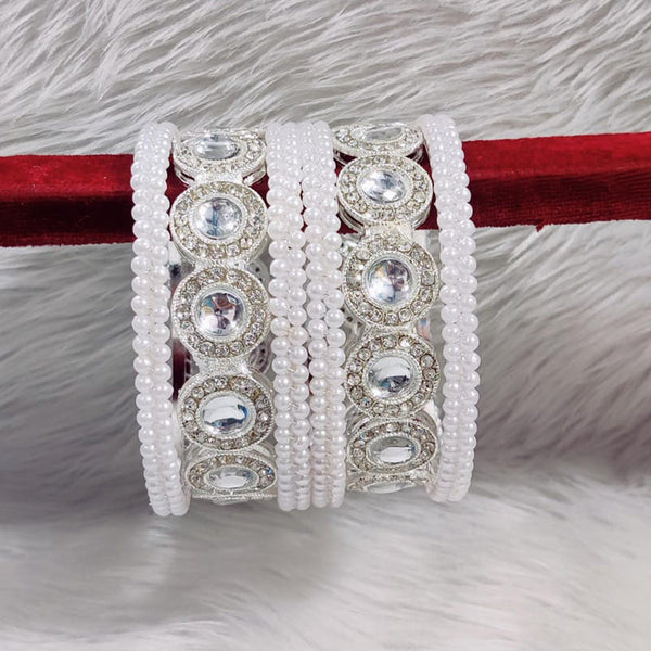 Pooja Bangles Silver Plated Austrian Stone And Pearls Bangles Set