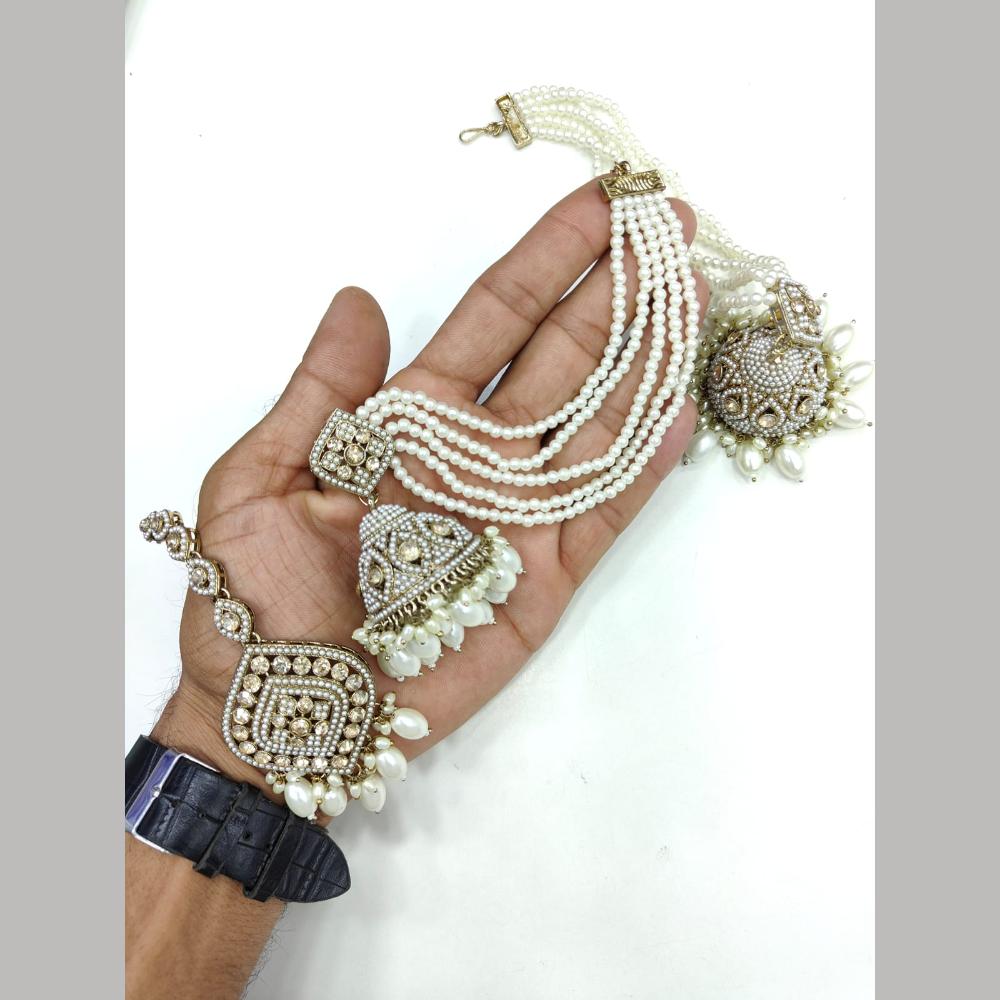 Pooja Bangles Gold Plated Crystal Stone And Pearl Jhumki Earrings With Maangtikka