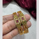 Pooja Bangles Gold Plated Pota Work And Green & Pink Austrian Stone Embellishment Set
