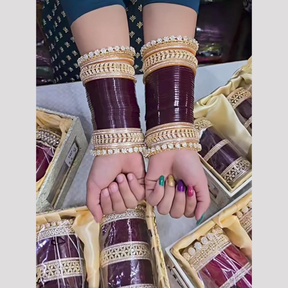 Pooja Bangles Gold Plated Austrian And Pearl Acrylic Bangles Set 