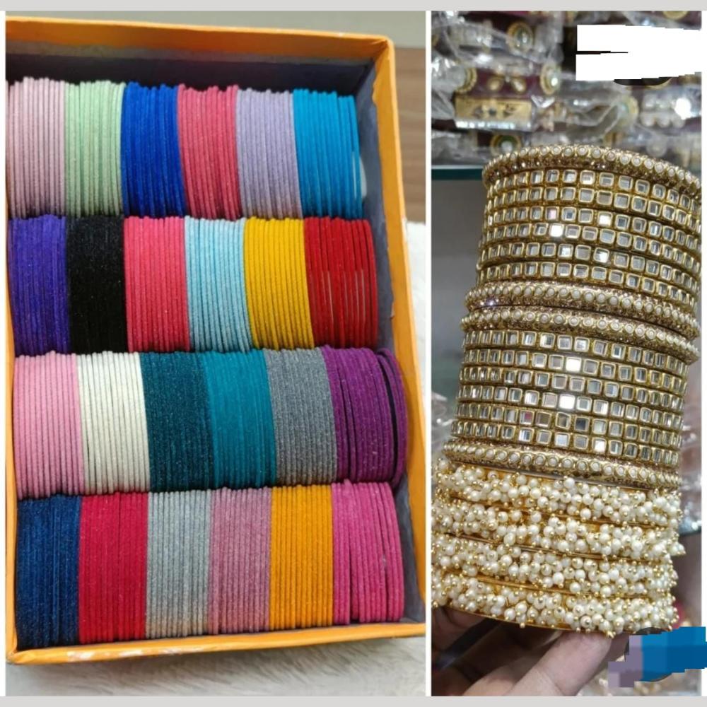 Pooja Bangles Stunning Gold Plated Multi Color Mirror And Pearl Velvet  Bangle Set
