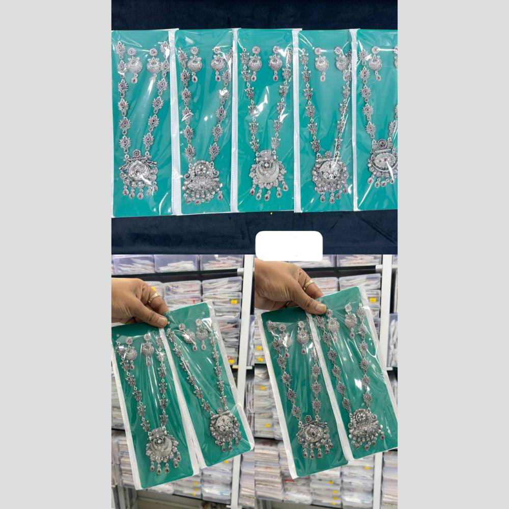 Pooja Bangles Handcrafted Oxidised Pink And Green Pota Stone Necklace Set (1 Pies Only)