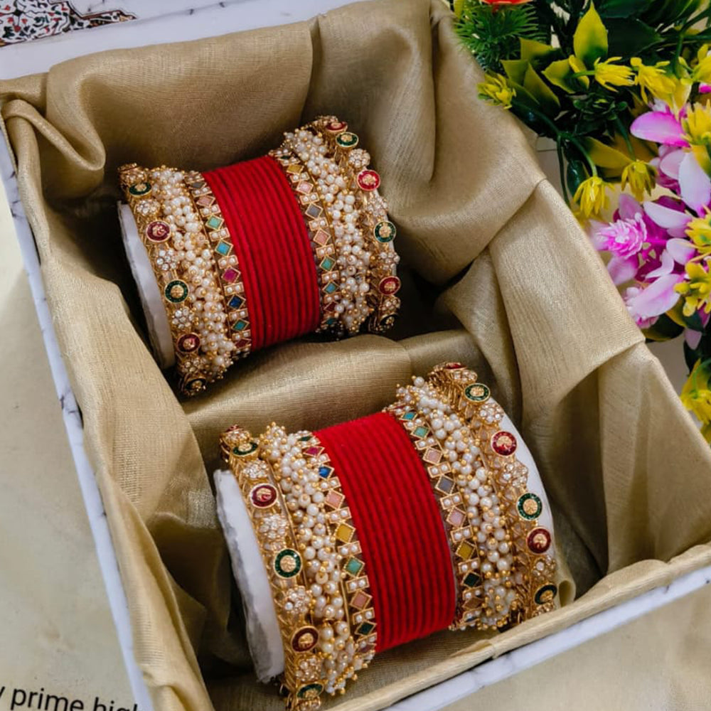 Pooja Bangles Pota Stone And Pearl Modern Finish Velvet Bangle Set