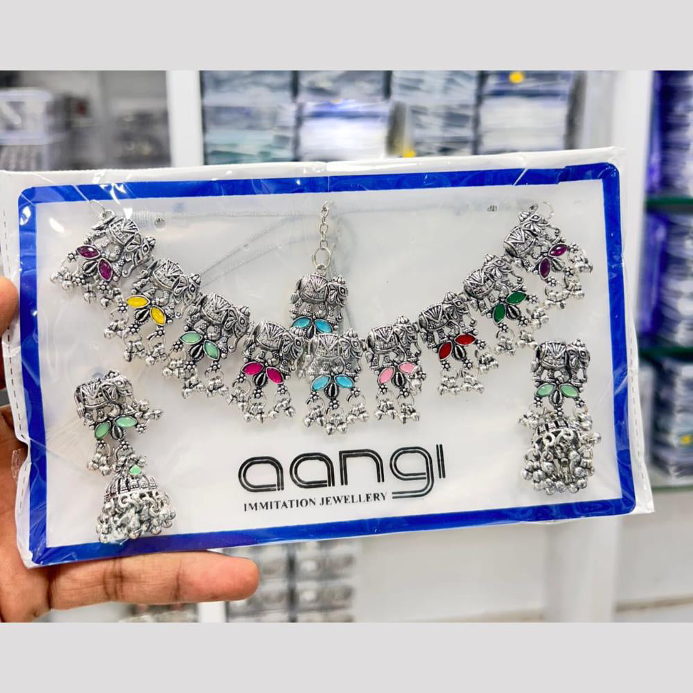 Pooja Bangles Handcrafted Oxidised Pota Stone Necklace Set