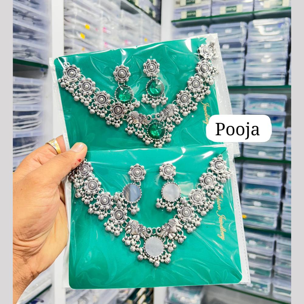 Pooja Bangles Oxidised Plated Fusion Mirror Necklace Set