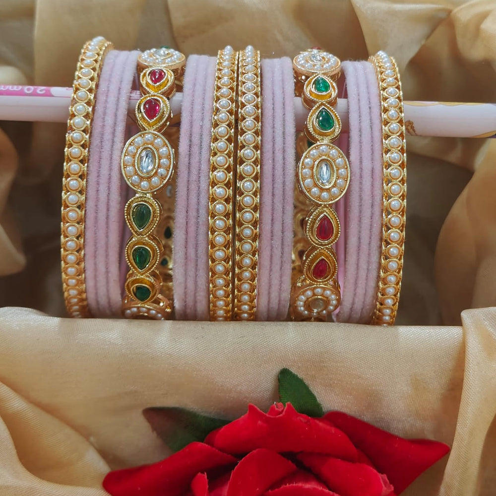 Pooja Bangles Designer Pota And Pearls Velvet Bangles Luxurious Gold Plated Set For Festive Occasions