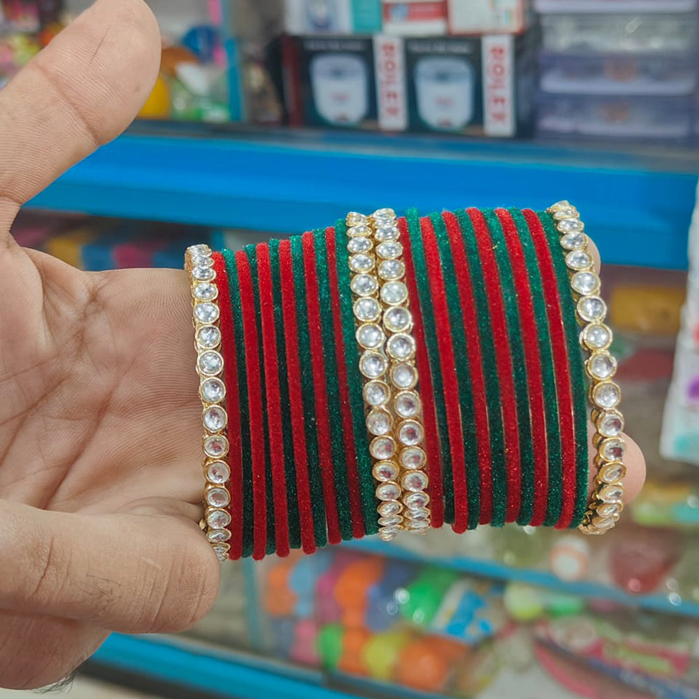 Pooja Bangles Traditional Kundan Stone Velvet Bangles Set