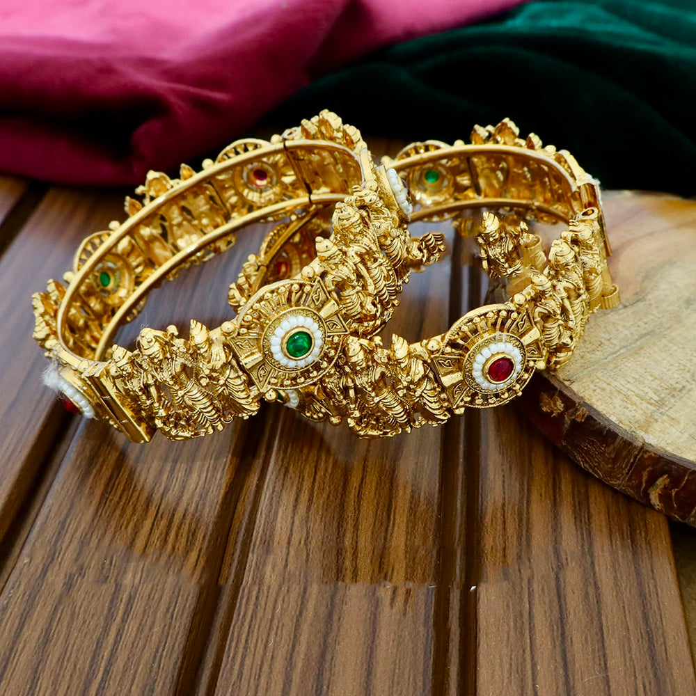 Pooja Bangles Gold Plated Pota Stone And Pearl Openable Bangles Set