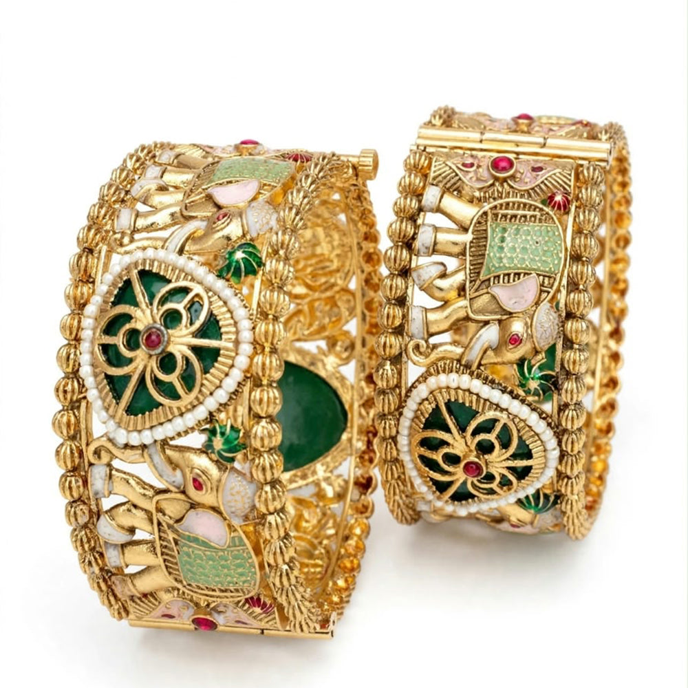 Pooja Bangles Premium Pota Stone And Pearl Meenakari Openable Bangles Set