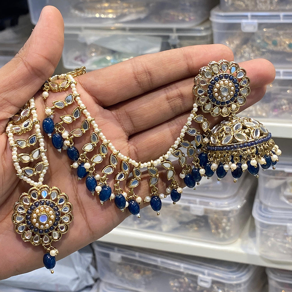 Hira Collections Designer Mirror And Beads Jhumki Earrings With Maang Tikka