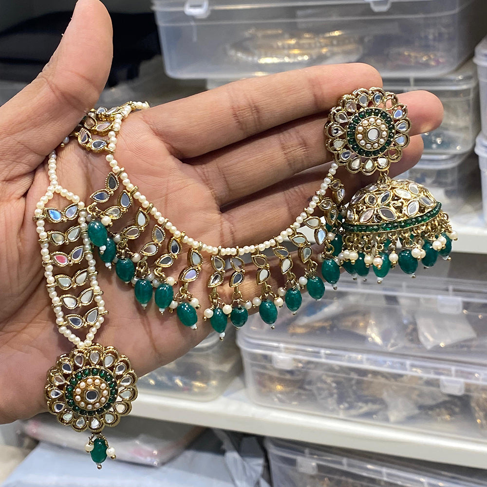 Hira Collections Designer Mirror And Beads Jhumki Earrings With Maang Tikka