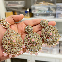 Hira Collections Royal Crystal Stone And Pearl Earring With Maangtikka