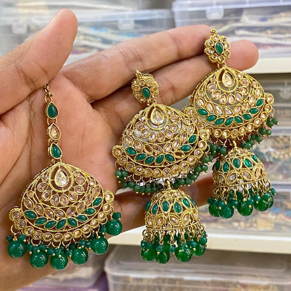 Hira Collections Designer Crystal Stone And Beads Jhumki Earrings With Maangtikka