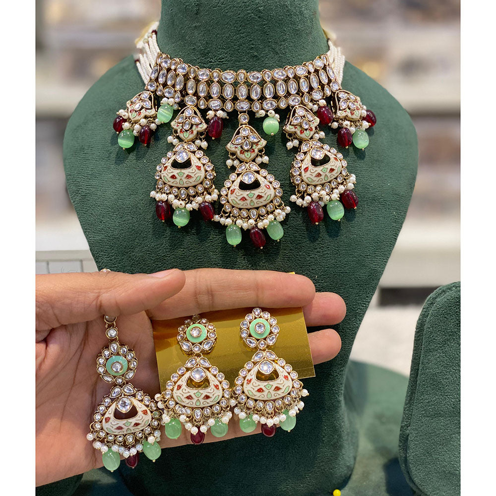 Hira Collections Luxury Kundan Stone Pearl And Beads Meenakari Choker Necklace Set 