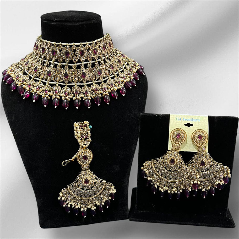 Hira Collections Royal Crystal Stone Pearl And Beads Choker Necklace Set