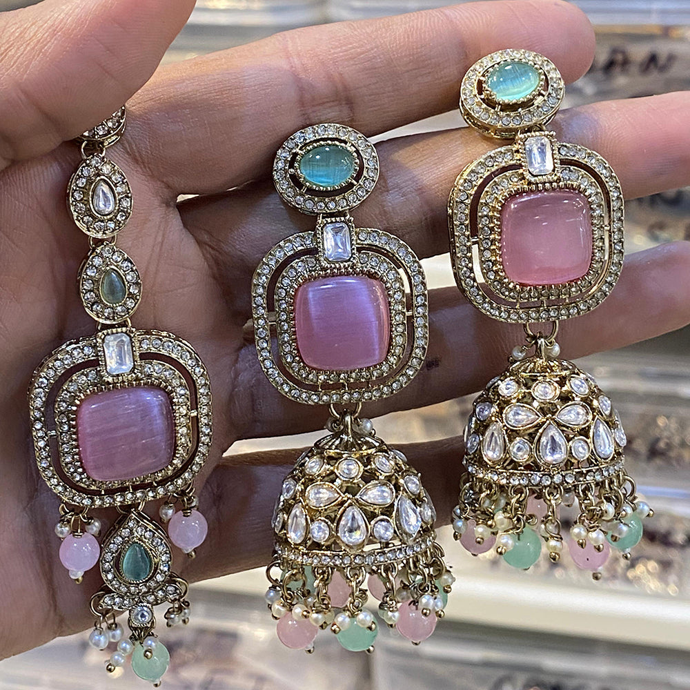 Hira Collections Designer Pota Stone And Beads Jhumki Earrings With Maangtikka