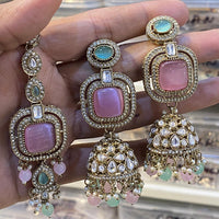 Hira Collections Designer Pota Stone And Beads Jhumki Earrings With Maangtikka