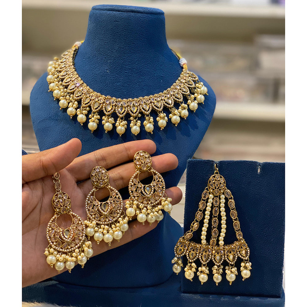 Hira Collections Elegant Crystal Stone Pearl And Beads Choker Necklace Set