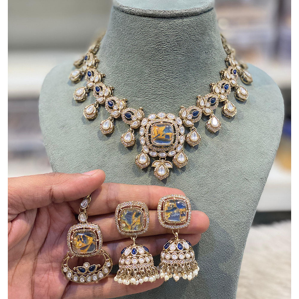 Hira Collections Glamorous Druzy Crystal Stone And Pearl Necklace Set  
