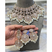 Hira Collections Elegant Pota Stone And Austrian Stone Pearl Choker Necklace Set
