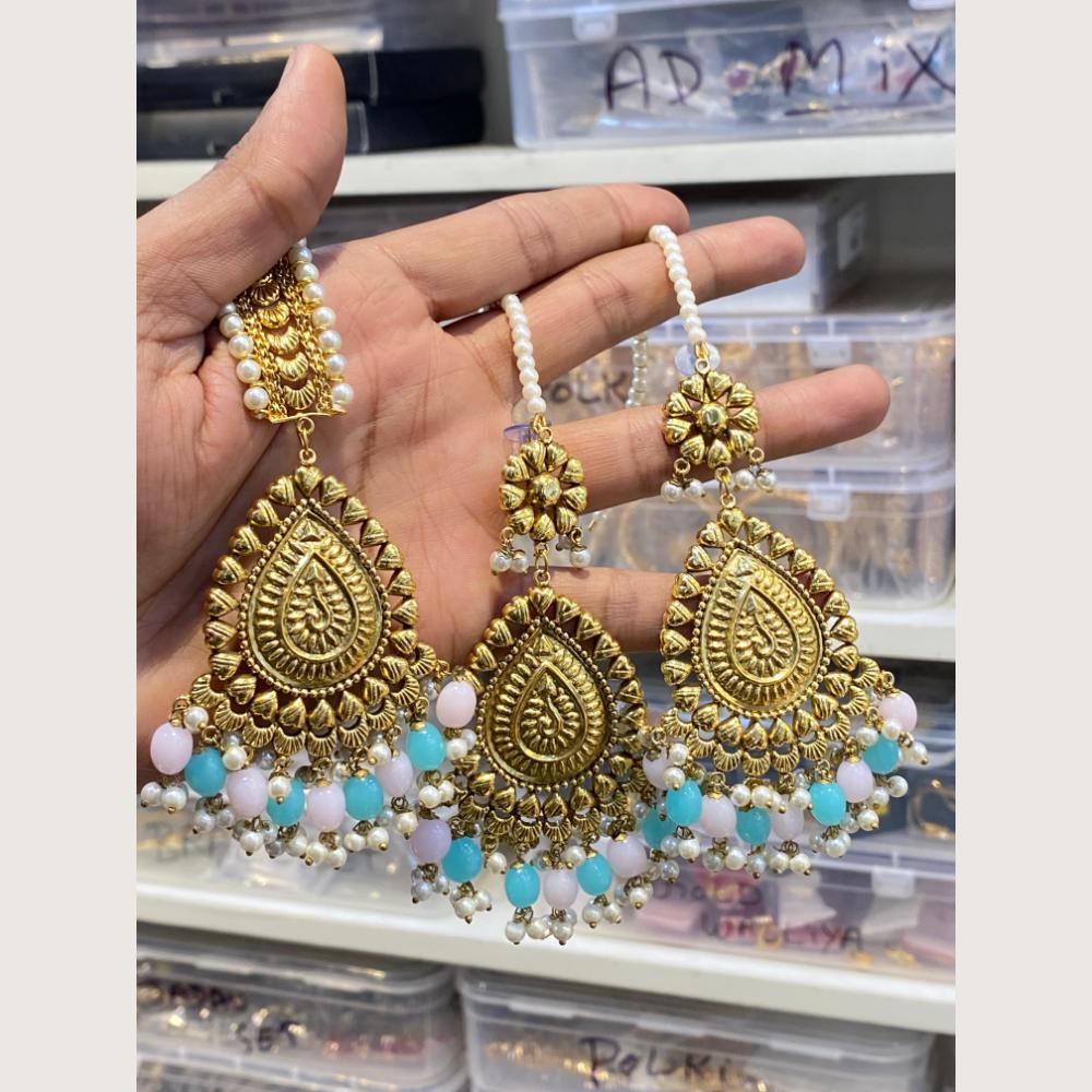 Hira Collections Stylish Beads And Pearl Dangler Earrings With Maang Tikka