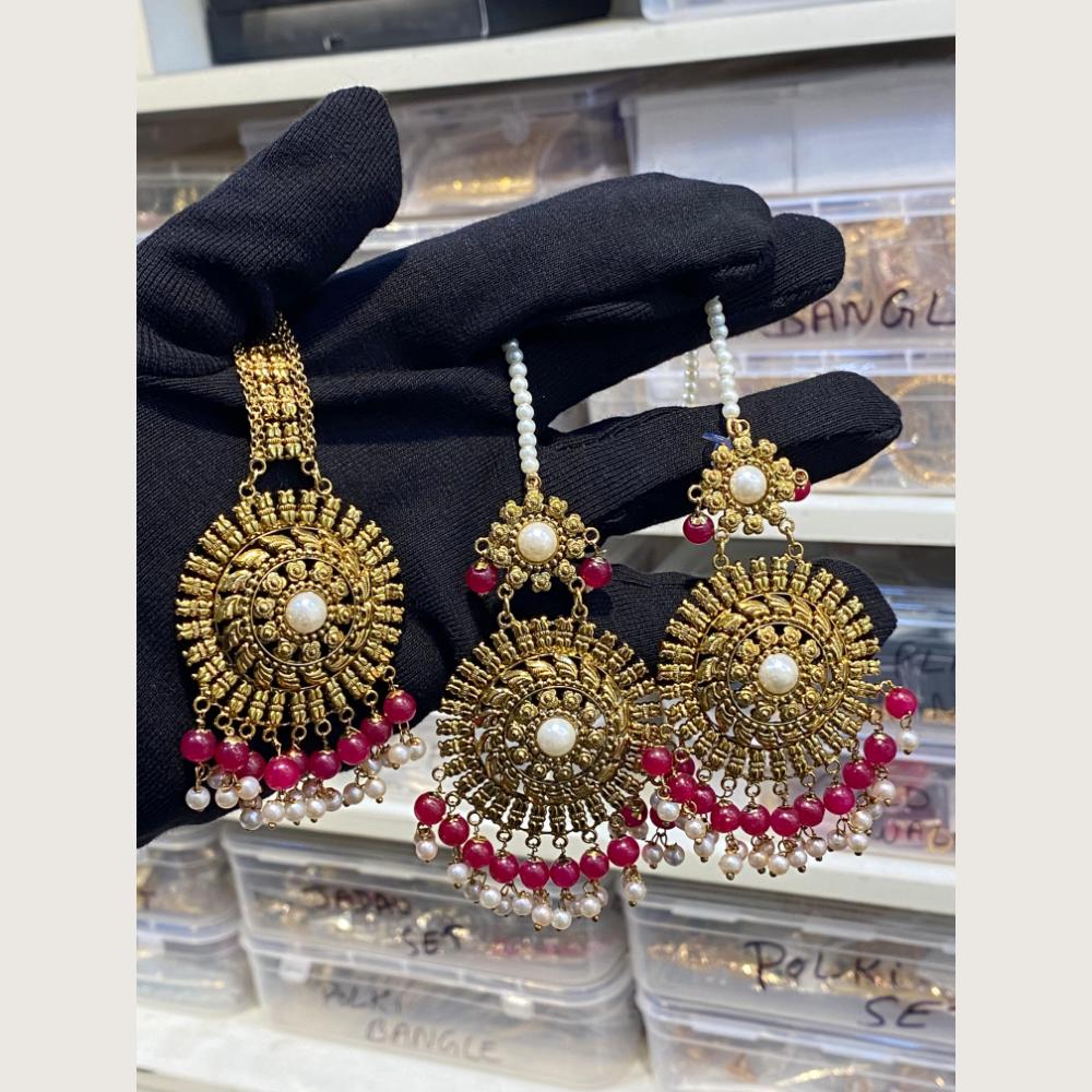 Hira Collections Stylish Beads And Pearl Dangler Earrings With Maang Tikka