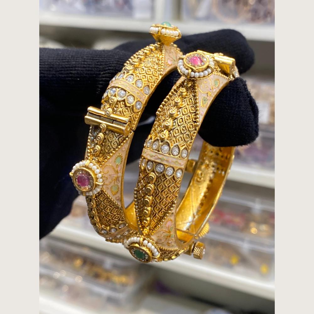 Hira Collections Royal Pota Stone And Pearl Openable Meenakari Bangles Set