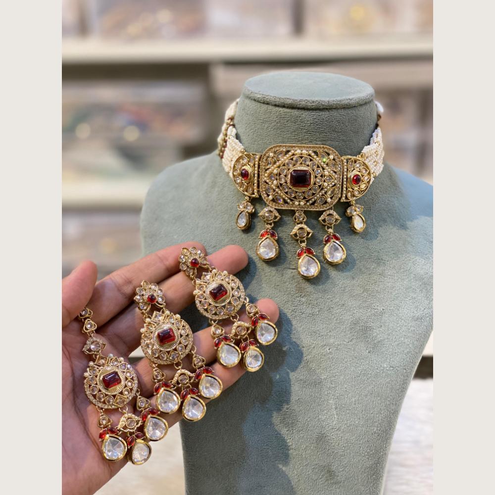 Hira Collections Indian Ethnic Crystal Stone And Pearl Choker Necklace Set