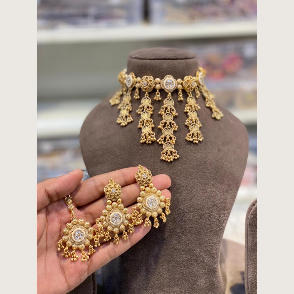 Hira Collections Designer Round Filigree Crystal And Pearl Choker Necklace Set