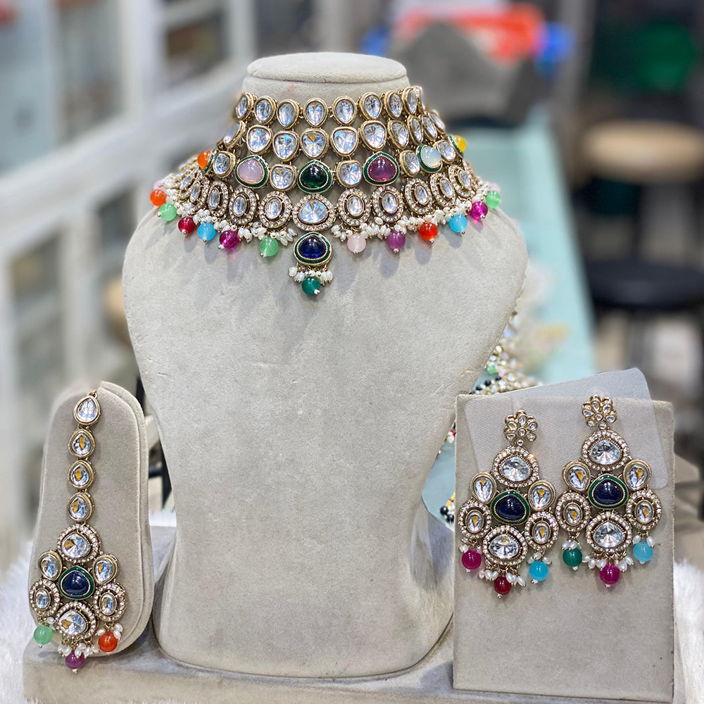 Hira Collections Glamorous Kundan And Pota Stone Pearl Choker Necklace Set