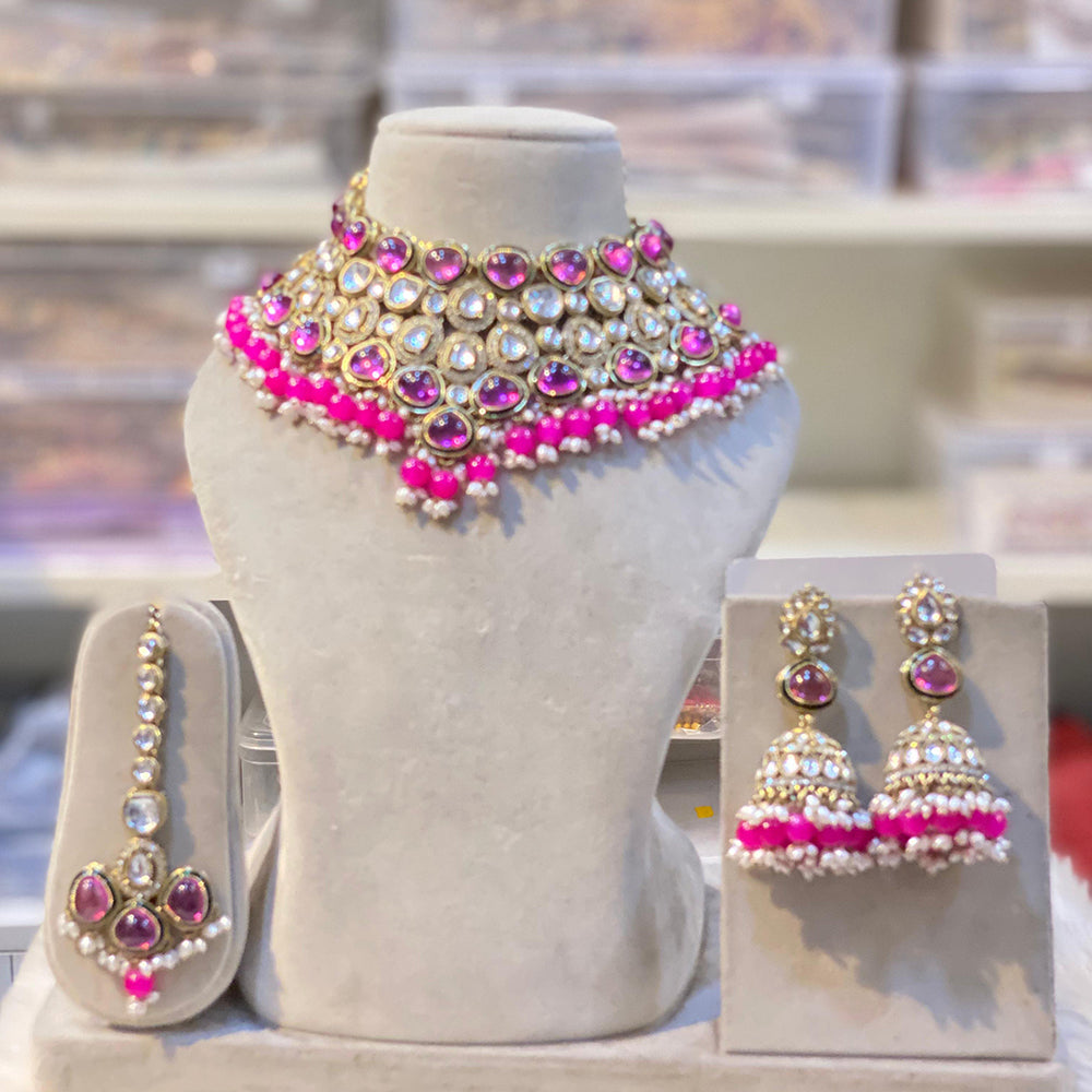 Hira Collections Glamorous Kundan And Pota Stone Pearl Choker Necklace Set