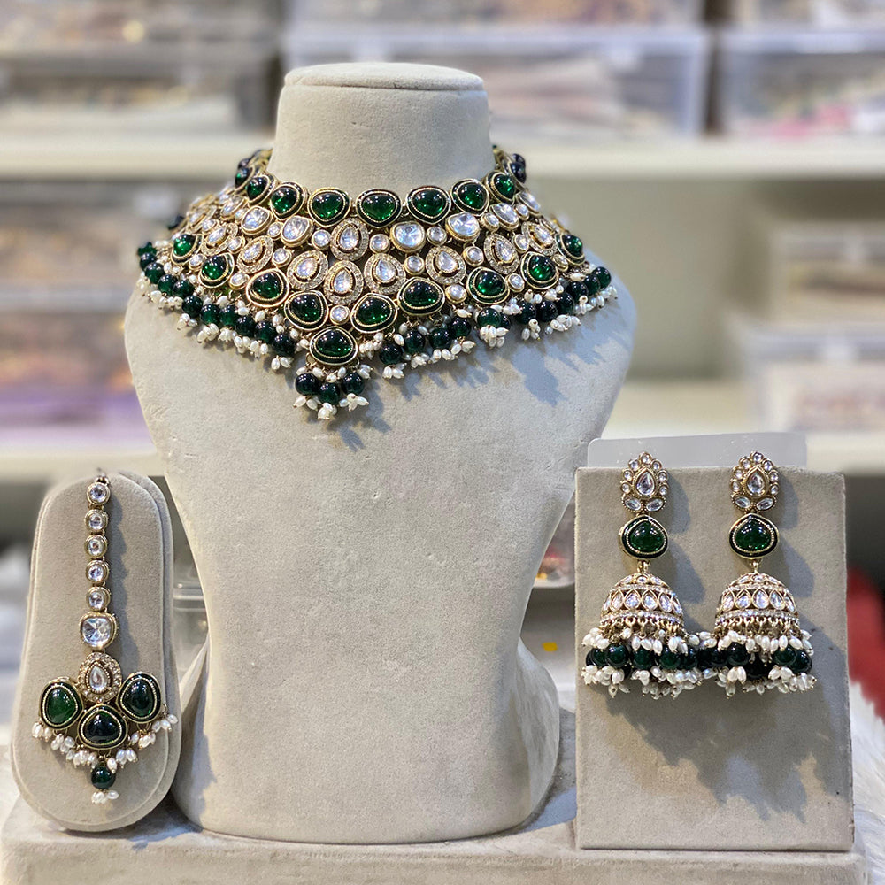 Hira Collections Glamorous Kundan And Pota Stone Pearl Choker Necklace Set