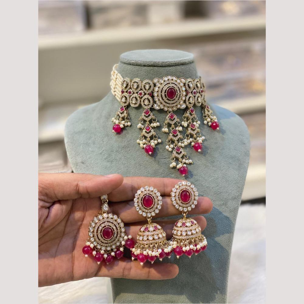 Hira Collections Grand Crystal Pearl And Austrian Stone Choker Necklace Set