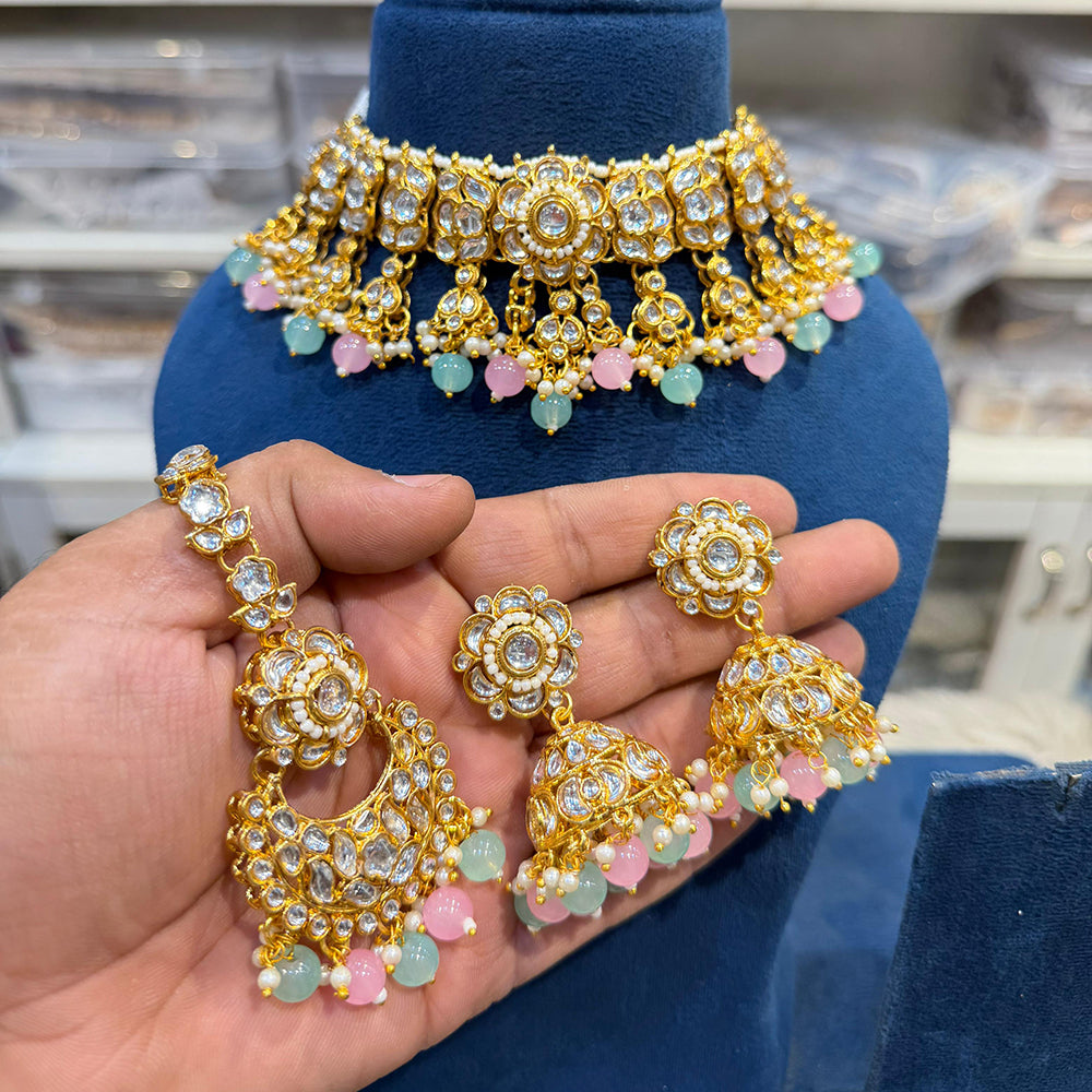 Hira Collections Kundan Stone Glamorous Pearl And Beads Choker Necklace Set