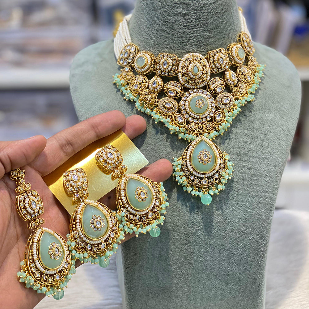 Hira Collections Kundan Stone Glamorous Pearl And Beads Choker Necklace Set
