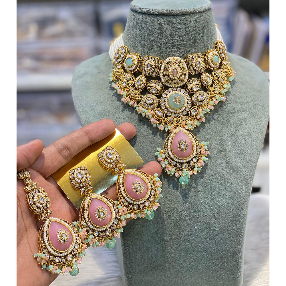 Hira Collections Kundan Stone Glamorous Pearl And Beads Choker Necklace Set