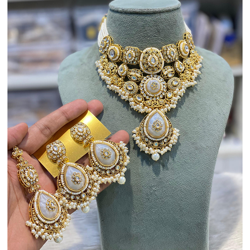 Hira Collections Kundan Stone Glamorous Pearl And Beads Choker Necklace Set