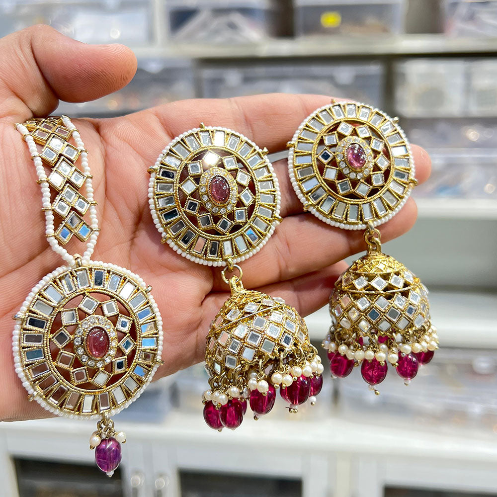 Hira Collections Designer Mirror And Beads Jhumki Earrings With Maangtikka