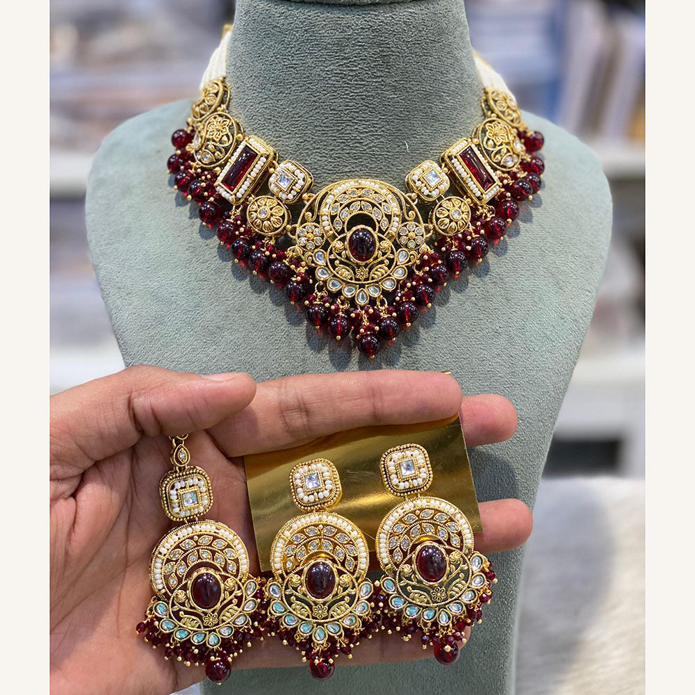 Hira Collections Exclusive Kundan Stone Pearl And Beads Choker Necklace Set