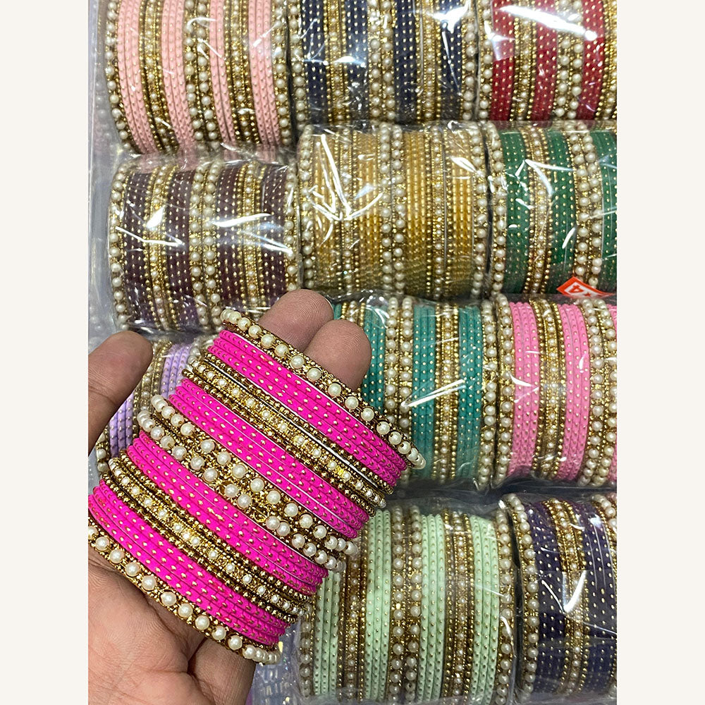 Hira Collections Designer Assorted Color Metal Pearl Bangle Set for Women (Pack of 12)
