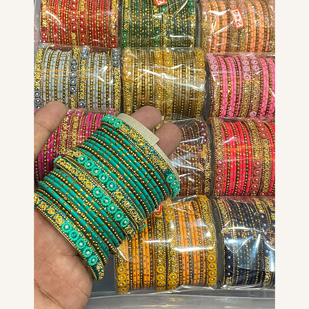 Hira Collections Designer Assorted Color Metal Pearl Bangle Set for Women (Pack of 12)