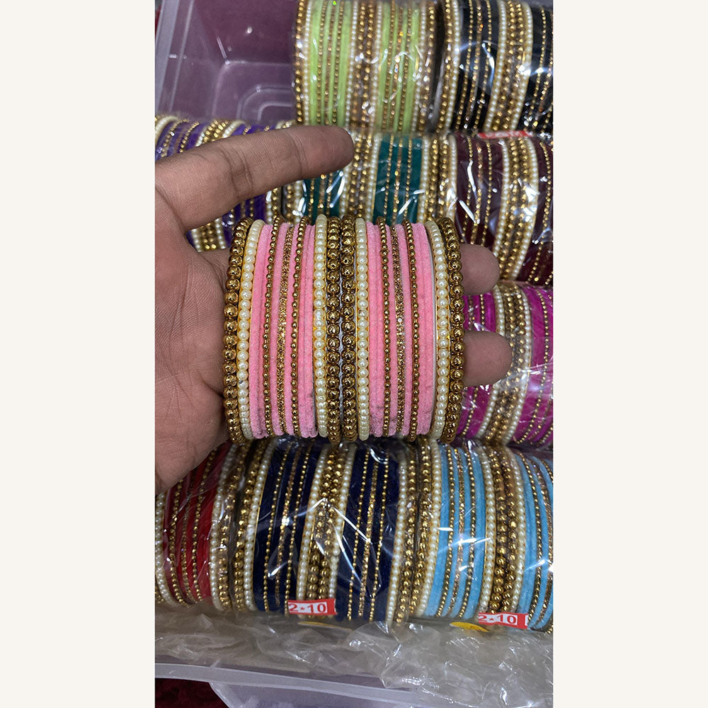 Hira Collections Designer Assorted Color Velvet Pearl Bangle Set for Women (Pack of 12)