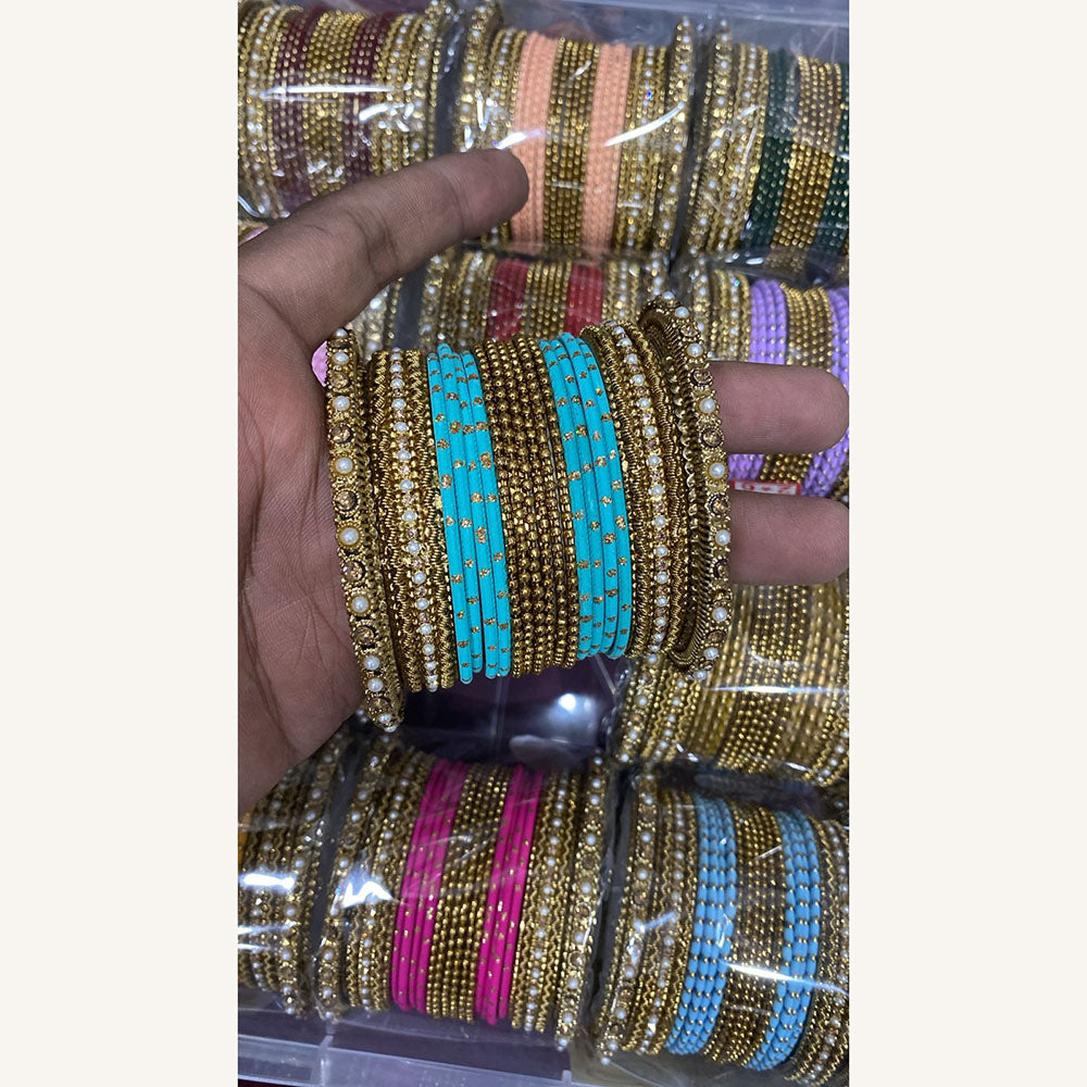 Hira Collections Designer Assorted Color Metal Pearl Bangle Set for Women (Pack of 12)